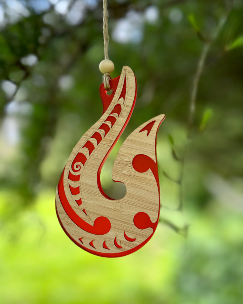 Satin Acrylic & Bamboo Ornament Fish Hook Red The Fantail House