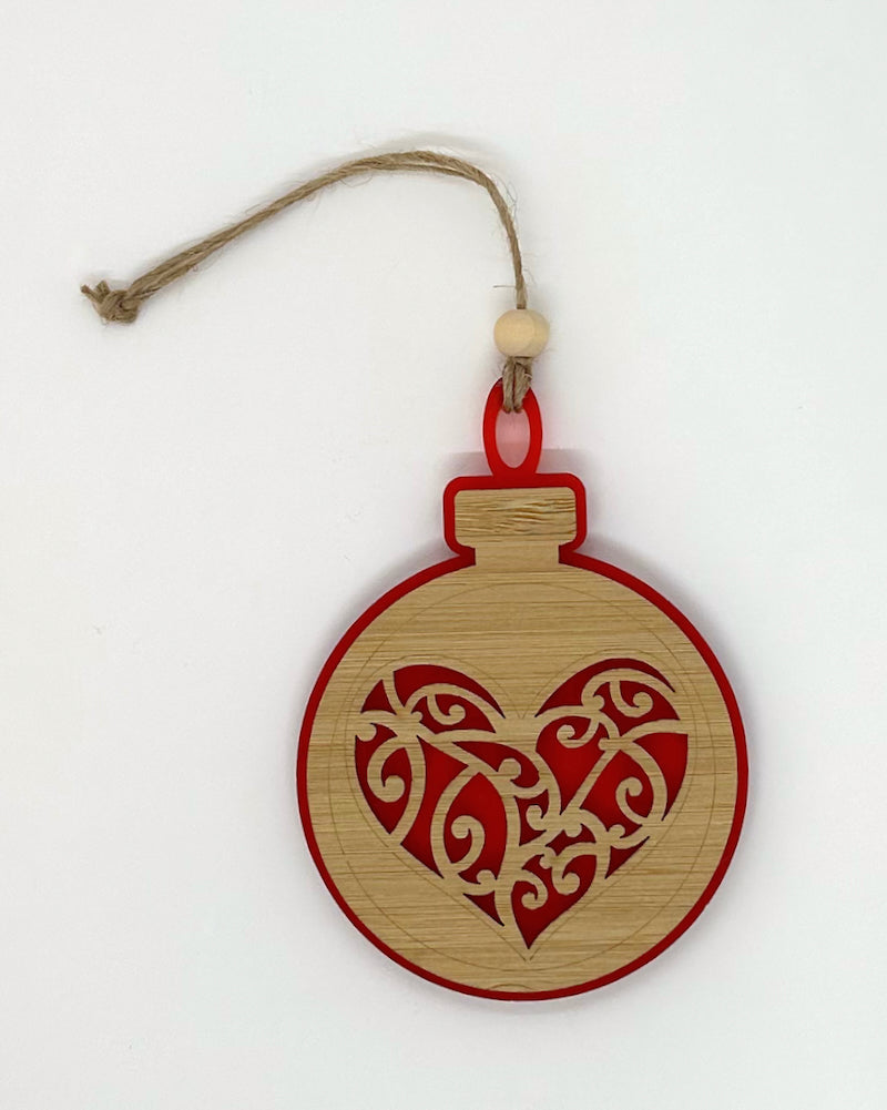 Satin Acrylic & Bamboo Ornament Bauble Koru Heart Red The Fantail House