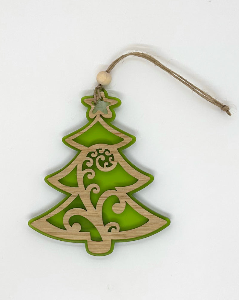 Satin Acrylic & Bamboo Ornament Koru Christmas Tree Green The