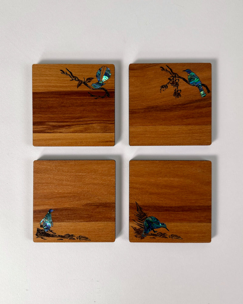 Rimu & Paua Coasters Set of 4 NZ Native Birds The Fantail House