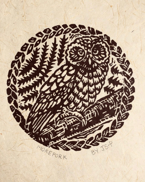 The Fantail House, Handmade, New Zealand Made,Art, Woodcut print, Ruru Owl