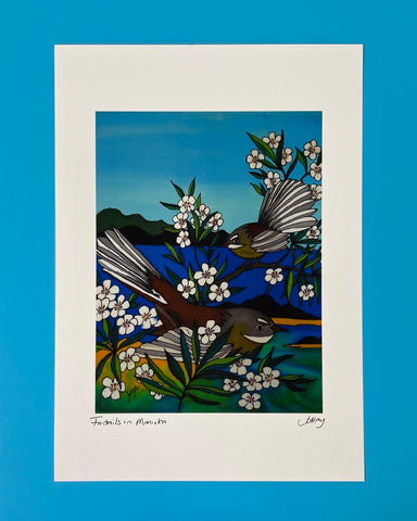 The Fantail House, Jo May, Art Print, Fantails in Manuka
