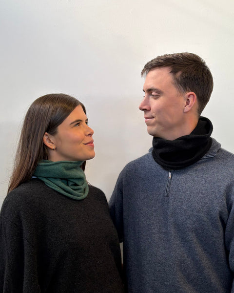 Two people wearing neck warmers against a plain background