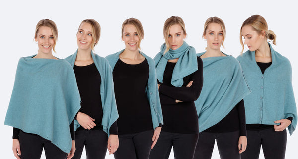 A woman wearing a teal shawl in six different ways over black outfits against a white background