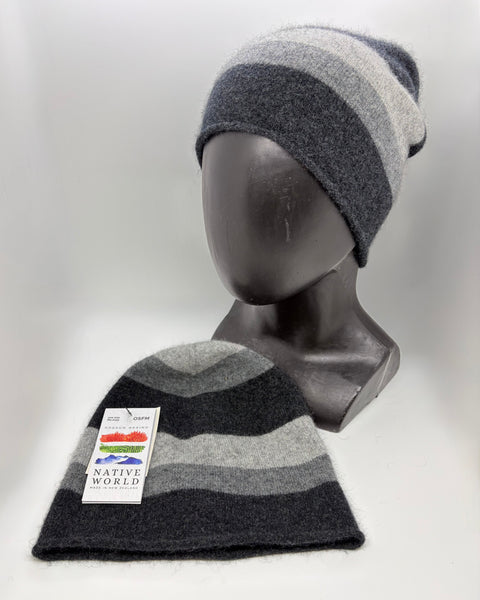 Striped knit beanie on a mannequin head with 'Native World' label against a white background