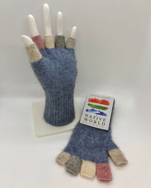 Blue fingerless gloves with colored tips on a white mannequin hand, featuring a 'Native World' brand tag.