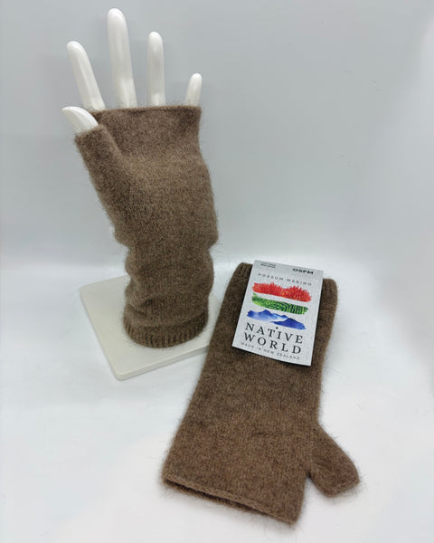 Brown fingerless gloves with a 'Native World' tag on a white mannequin hand.