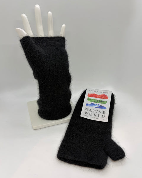 Black fingerless gloves on a white mannequin hand with a ‘Native World' label on a white background