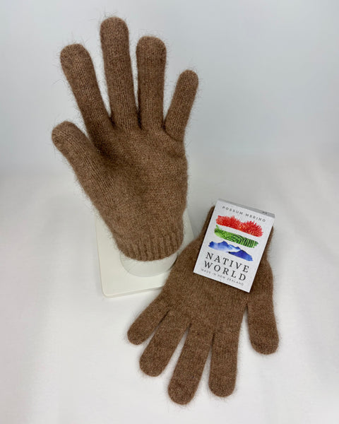 Brown gloves with a Native World label on a white background.