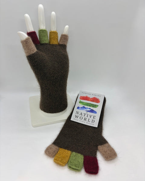 Brown knitted fingerless gloves with colourful tips on a white mannequin hand with a ‘Native World’ brand tag.