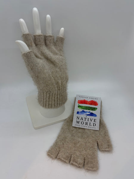 Beige fingerless gloves on a white mannequin hand with 'Native World' packaging