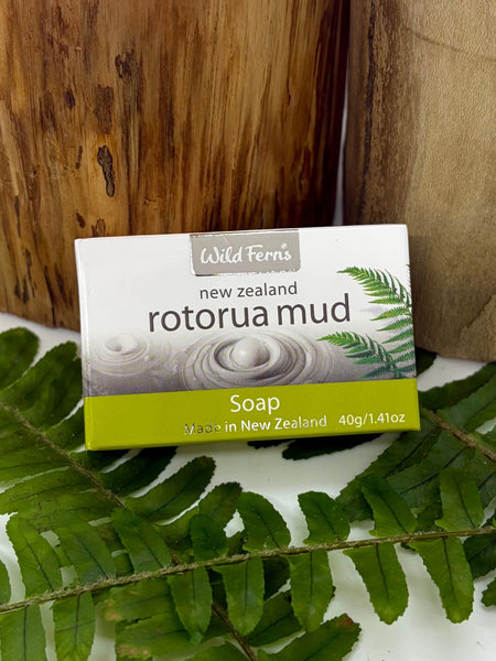 Soap bar packaging labeled 'Rotorua Mud' from Wild Ferns on a wooden background with fern leaves.