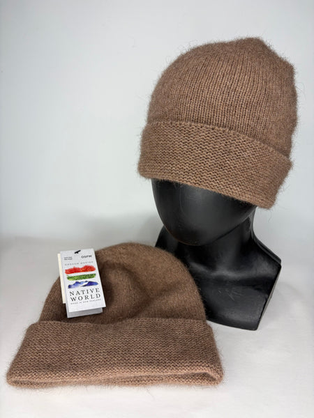 Two brown knit beanies on a mannequin head and a flat surface with a white background