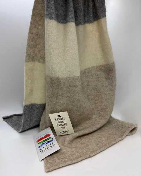 Striped knitted scarf with grey, beige and cream colours with a ‘Native World’ brand tags