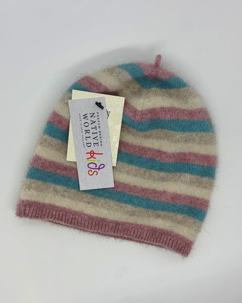 Striped knit beanie with a ‘Native World Kids’ tag on a white background
