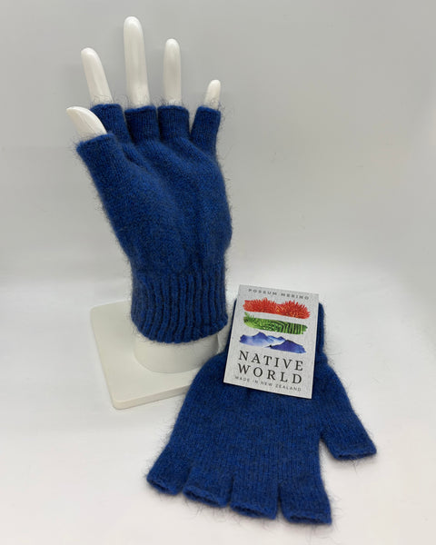 Blue fingerless gloves with a Native World label on a white background
