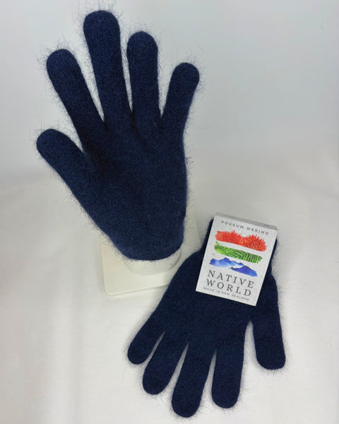Pair of navy gloves with a Native World label on a white background