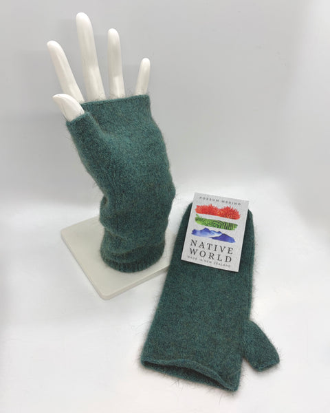 Teal fingerless gloves on a mannequin hand with 'Native World' packaging on a white background
