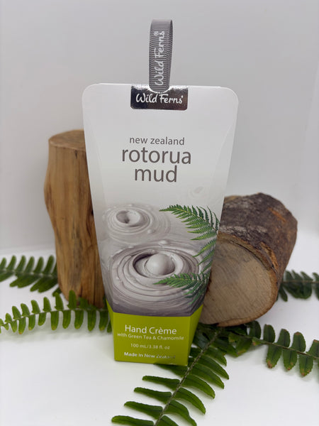 Hand cream packaging labeled 'Rotorua Mud' from Wild Ferns