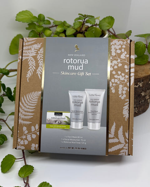 Rotorua Mud skincare gift set packaging with fern designs on a white background
