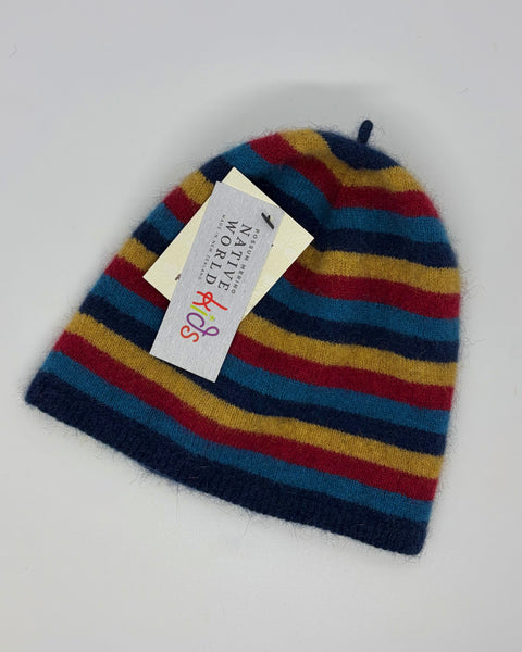 Striped knit beanie with a ‘Native World Kids’ tag on a white background