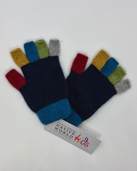 Pair of colourful fingerless gloves with a 'Native World Kids' brand tag on a white background