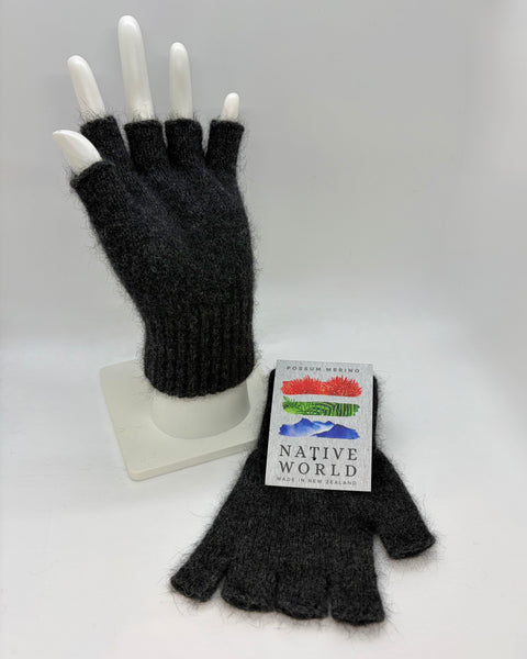 Dark grey fingerless gloves on a white mannequin hand with a 'Native World' brand label.