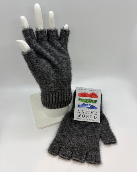 Gray fingerless gloves on a white mannequin hand with a ‘Native World' brand tag.