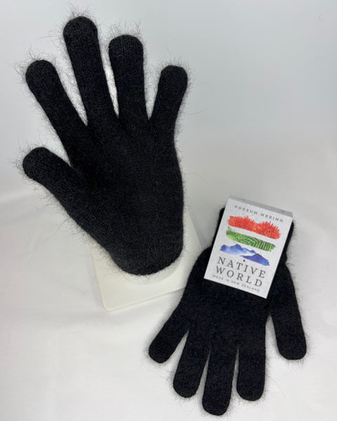 Black gloves with a Native World label on a white background