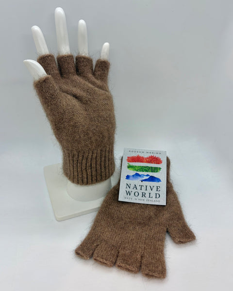 Brown fingerless gloves on a mannequin hand with a 'Native World' tag, on a white background