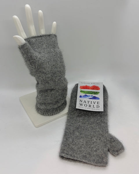 Grey fingerless gloves on a white mannequin hand with a 'Native World' tag.