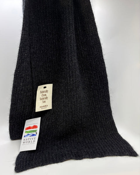 Dark grey knitted scarf with a tag on a white background