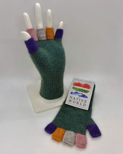 Teal fingerless gloves with colourful tips on a mannequin hand, with a ‘Native World’ brand tag