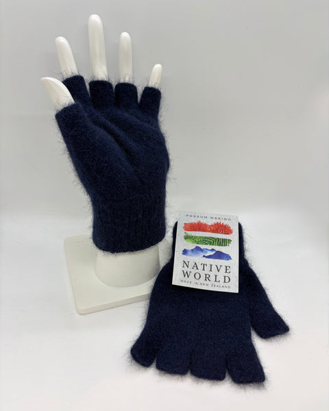 Navy blue fingerless gloves with a ‘Native World’ brand tag on a white background