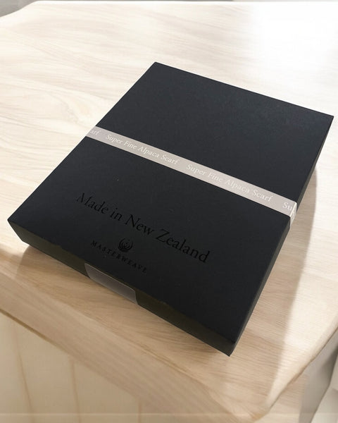 Masterweave, The Fantail House, Made in NZ, Made in Aotearoa, NZ made, Alpaca scarf, Luxury scarf, Winter scarf, The Fantail House, Grey Black check, Gift box