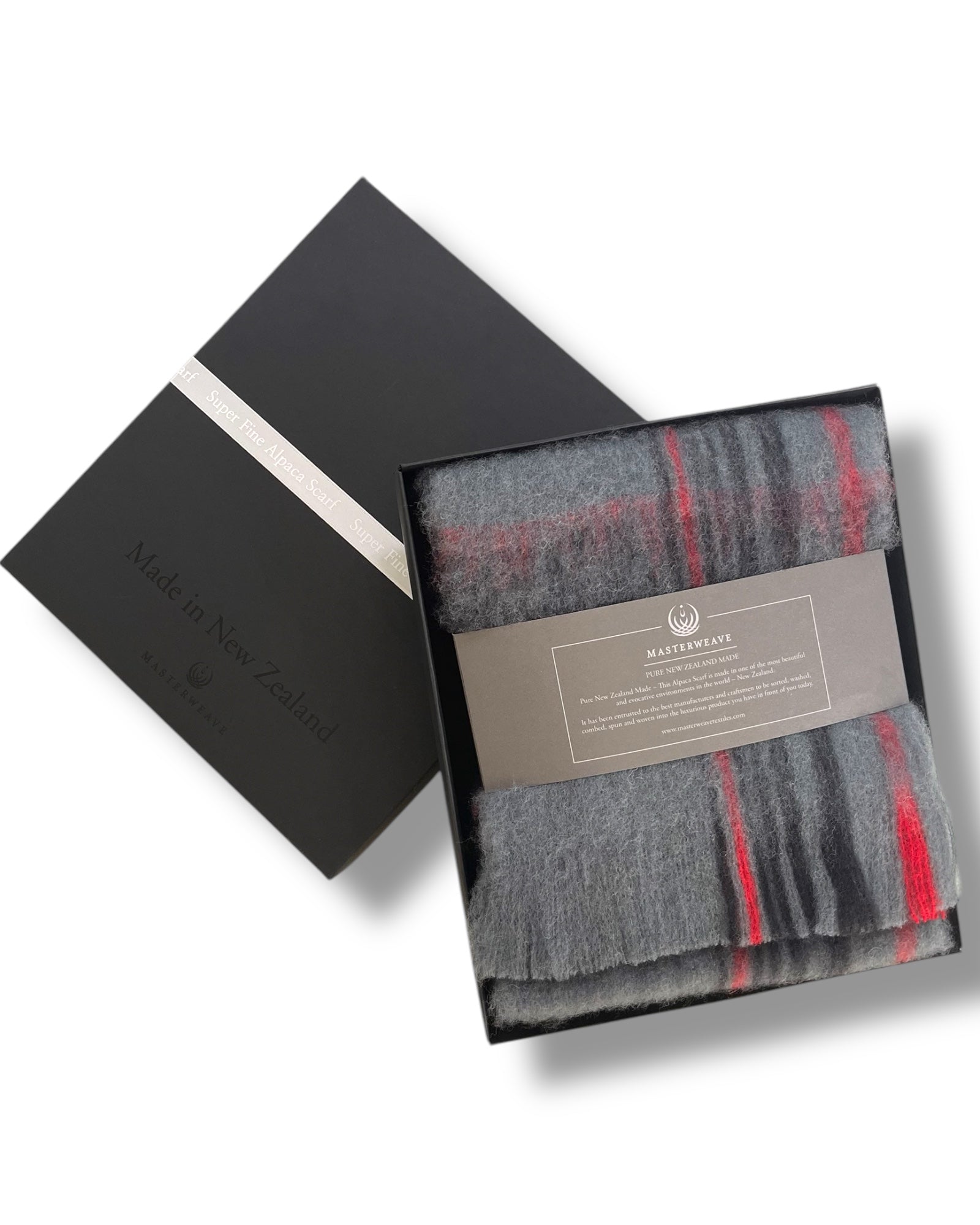 Masterweave, The Fantail House, Made in NZ, Made in Aotearoa, NZ made, Alpaca scarf, Luxury scarf, Winter scarf, The Fantail House, Grey Black check, Gift box