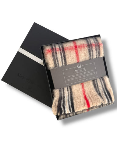 Masterweave, The Fantail House, Made in NZ, Made in Aotearoa, NZ made, Alpaca scarf, Luxury scarf, Winter scarf, The Fantail House, Fawn  check, Gift box