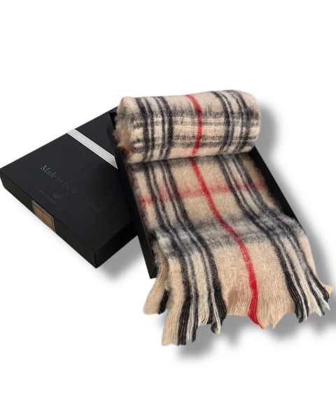 Masterweave, The Fantail House, Made in NZ, Made in Aotearoa, NZ made, Alpaca scarf, Luxury scarf, Winter scarf, The Fantail House, Fawn  check, Gift box