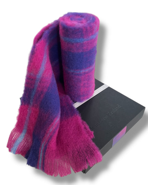 Masterweave, The Fantail House, Made in NZ, Made in Aotearoa, NZ made, Alpaca scarf, Luxury scarf, Winter scarf, The Fantail House, Fuchsia check