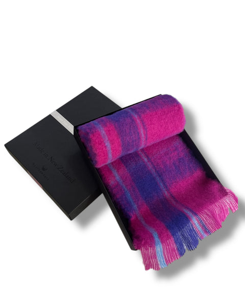 Masterweave, The Fantail House, Made in NZ, Made in Aotearoa, NZ made, Alpaca scarf, Luxury scarf, Winter scarf, The Fantail House, Fuchsia check