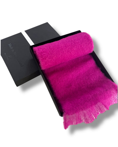 Masterweave, The Fantail House, Made in NZ, Made in Aotearoa, NZ made, Alpaca scarf, Luxury scarf, Winter scarf, The Fantail House, Fuchsia check