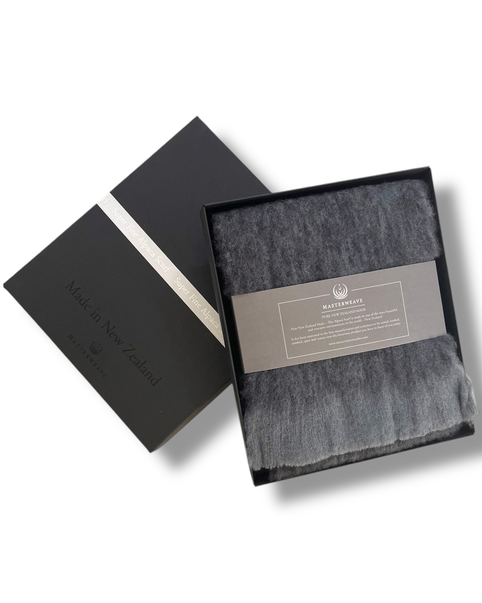 Masterweave, The Fantail House, Made in NZ, Made in Aotearoa, NZ made, Alpaca scarf, Luxury scarf, Winter scarf, The Fantail House, Grey and black marle , Gift box