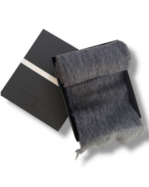 Masterweave, The Fantail House, Made in NZ, Made in Aotearoa, NZ made, Alpaca scarf, Luxury scarf, Winter scarf, The Fantail House, Grey and black marle , Gift box