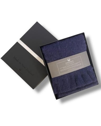 Masterweave, The Fantail House, Made in NZ, Made in Aotearoa, NZ made, Alpaca scarf, Luxury scarf, Winter scarf, The Fantail House, Navy, Gift box