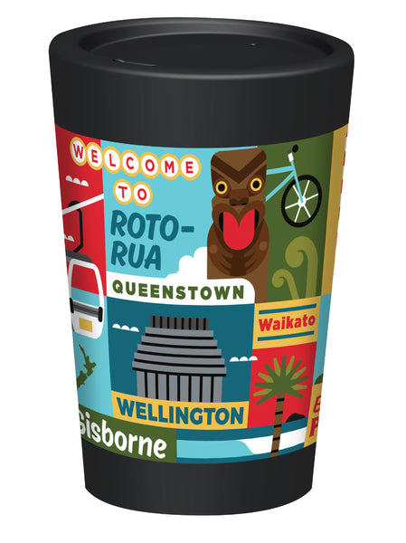 Colorful travel mug with New Zealand cities and landmarks on a white background