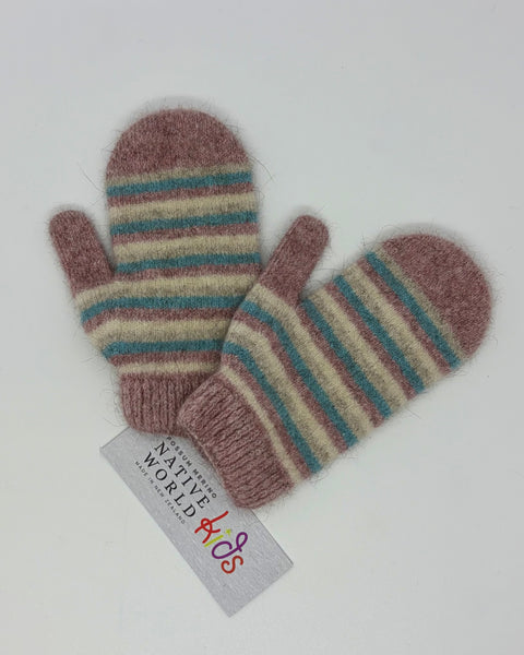 Pair of pink and blue striped mittens with a Native World Kids label on a white background