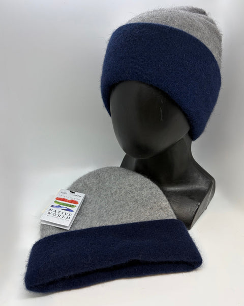 Two beanies with navy and gray color scheme on a white background