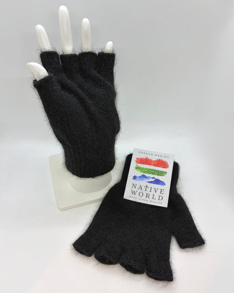 Black fingerless gloves with a ‘Native World’ brand tag on a white background