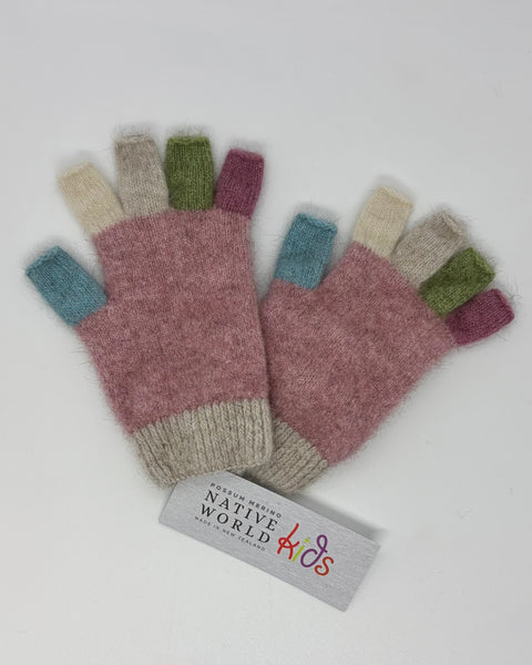 Pair of colourful fingerless gloves with a 'Native World Kids' brand tag on a white background