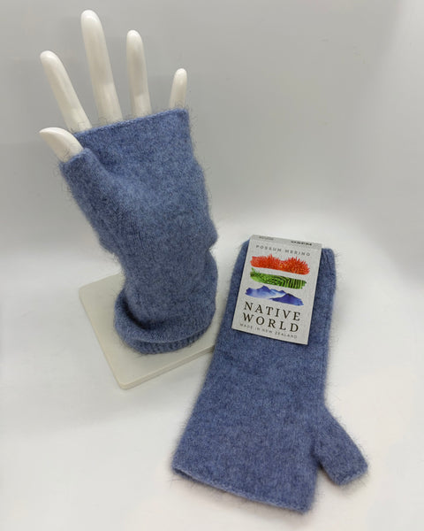 Blue fingerless gloves on a white mannequin hand with 'Native World' label.